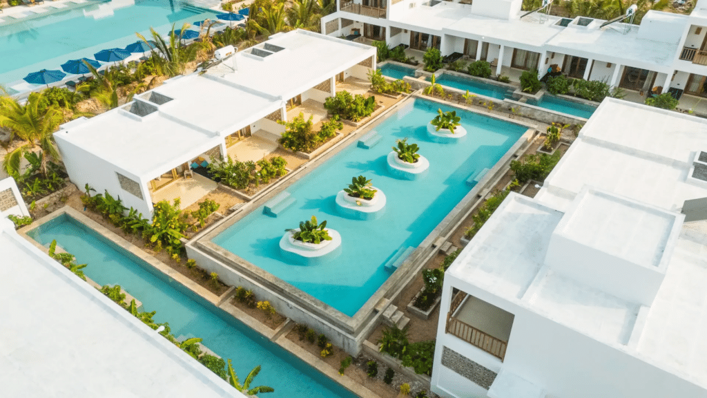 legendary zanzibar beach resort drone view